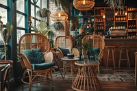 Modern cafe restaurant interior design with cozy chair architecture furniture bar.