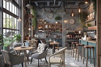 Modern cafe restaurant interior design with cozy chair architecture furniture building.