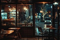 Modern cafe restaurant interior design with cozy chair table night city.
