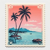 Beach with Risograph style postage stamp vacation tropics.