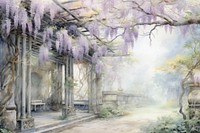 Soft vintage garden painting background architecture tranquility wisteria.