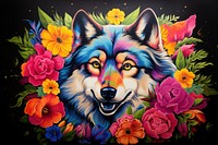 Wolf with flowers art painting animal.