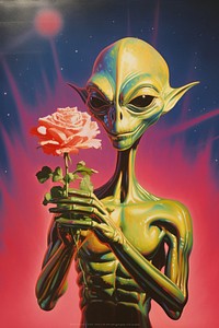 Alien holding flower art painting plant.