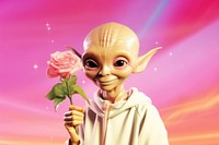 Alien kid holding flower plant rose representation.