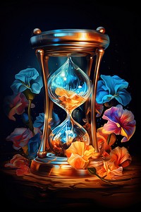 Hourglass with flowers light illuminated darkness.