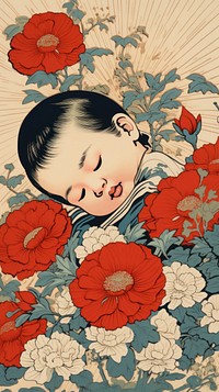 Traditional japanese baby and flowers sleeping pattern art.