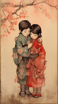 Traditional japanese siblings hugging robe art togetherness.