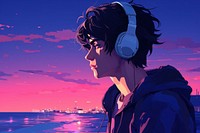 A boy student wearing earphones headphones headset anime.