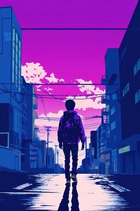 A boy student walking in the street city purple adult.