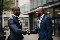 African businessmen shaking hands standing smiling office.