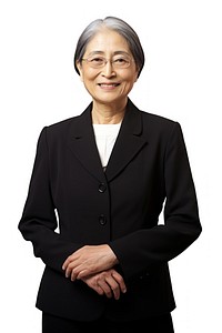 Senior Japanese woman in businesswear portrait glasses smiling.