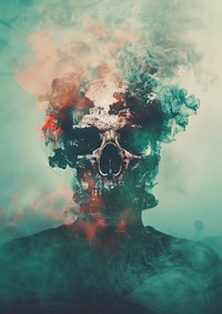 A polaroid photo of skull portrait smoke fog.