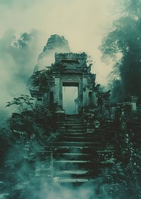 A polaroid photo of temple fog spirituality architecture.