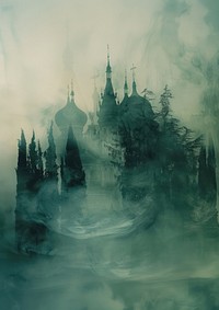 A polaroid photo of temple fog nature mist.