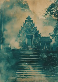 A polaroid photo of temple fog architecture spirituality.