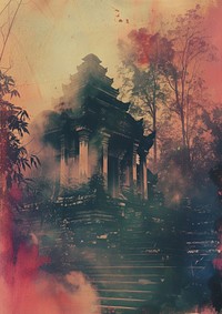 A polaroid photo of temple art fog spirituality.