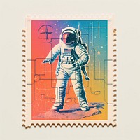 Astronaut Risograph style representation postage stamp exploration.