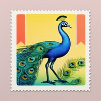 Peacock Risograph style animal bird postage stamp.