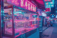 Hong kong neon light street city transportation advertisement.