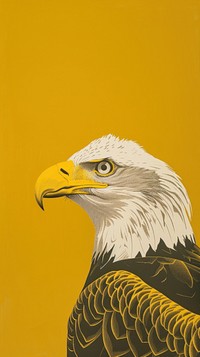 Silkscreen on paper of an eagle animal yellow bird.