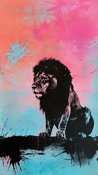 Silkscreen on paper of a lion wildlife painting mammal.