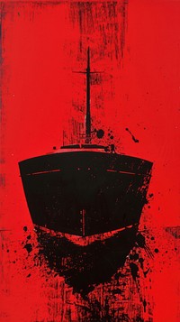 Silkscreen on paper of a ship painting art red.