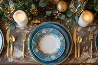 Christmas dinner setting table plate.