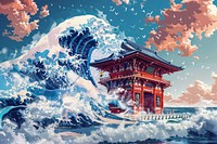 Japanese wave sea outdoors painting.