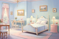Painting of vintage bedroom furniture chair table.