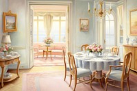 Painting of dining room architecture tablecloth chandelier.