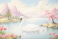 Painting of fuji mountain with lake and swan outdoors animal bird.