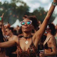 Black woman wearing cat-eyes sunglasses dancing and hand up against people in outdoor music festival concert photography portrait outdoors.