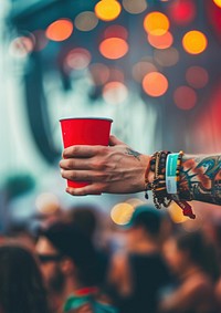 Man holding red papercup and wearing white empty paper wristband festival music hand.