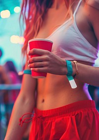 Woman holding red papercup and wearing white empty paper wristband festival undergarment midsection.