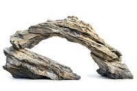 Natural arch driftwood rock white background.