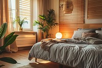 Bedroom in a modern interior design furniture plant wood.