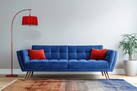 Colorful living room with blue velvet sofa and red lamp architecture furniture cushion.