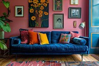 Colorful living room with blue velvet sofa furniture cushion pillow.