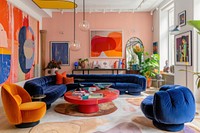 Colorful living room with blue velvet sofa architecture furniture painting.