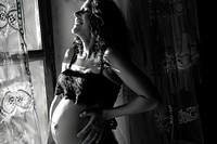 Happy pregnant woman underwear lingerie portrait.