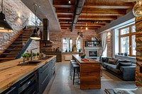 Kitchen in a contemporary interior design architecture furniture hardwood.
