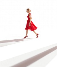 Woman in red dress walking footwear fashion shoe.