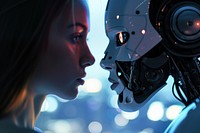 Human confront with robot futuristic adult photo.