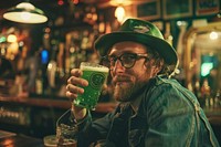 Irish man drinking green beer portrait glasses adult.