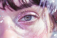 Super close up eye woman with kaleidoscope photo effect glitter pink portrait.