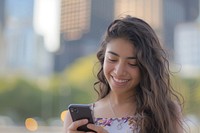 Young hispanic female smile happy phone.
