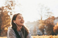 Young happy woman listening laughing adult.