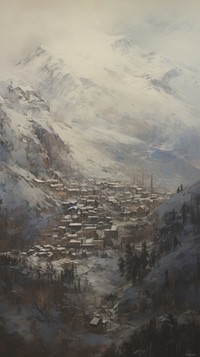 A houses in mountain range in snow outdoors painting nature.