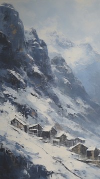 A houses in mountain range in snow outdoors painting nature.