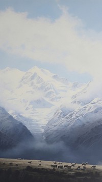 Some sheeps in New Zealand with snowmoutain view landscape mountain outdoors.